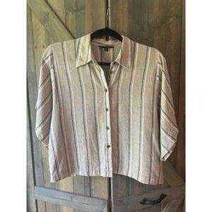 Banana Republic Beige Striped Button-Down Cropped Shirt